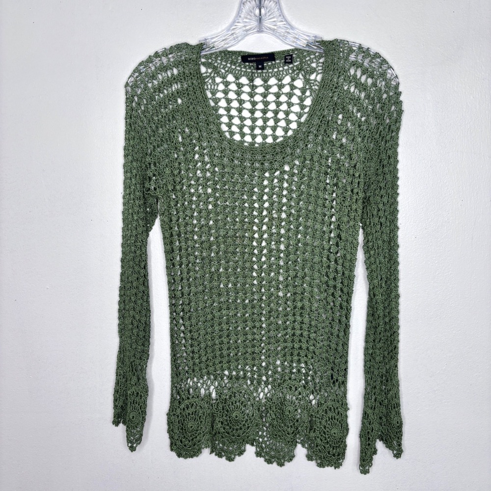BCBGMAXAZRIA Top Medium Olive Green Hand Crochet Boho Beach Layering Festival
